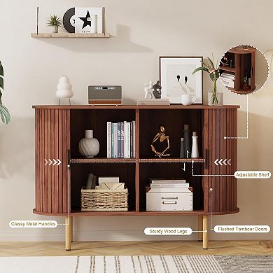 47" Mid Century Sideboard Cabinet, Sliding Doors & Adjustable Shelves