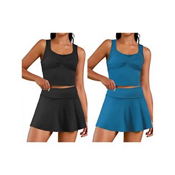 2 Packs Women's 2 pc Tennis Dresses with Shorts Skirt Set Racerback Crop Top Golf Workout Outfits