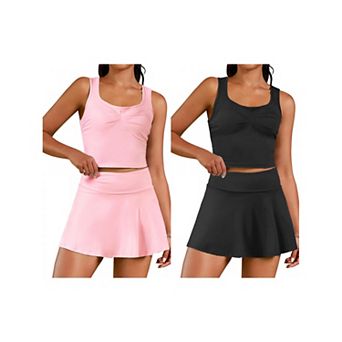 2 Packs Women's 2 pc Tennis Dresses with Shorts Skirt Set Racerback Crop Top Golf Workout Outfits