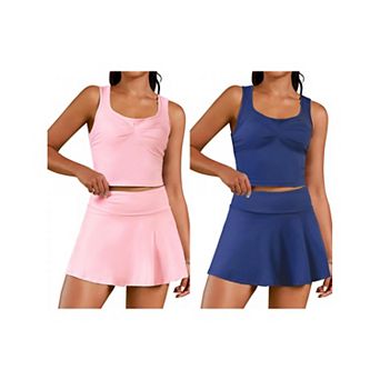 2 Packs Women's 2 pc Tennis Dresses with Shorts Skirt Set Racerback Crop Top Golf Workout Outfits