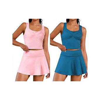 2 Packs Women's 2 pc Tennis Dresses with Shorts Skirt Set Racerback Crop Top Golf Workout Outfits