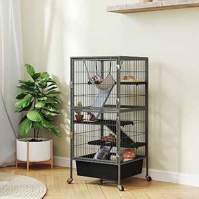 PawHut 45" Small Animal Cage, 4-Tier Rolling Ferret Chinchilla Cage,