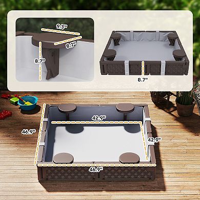 Qaba Square Kids Sandbox with Cover, 4 Seats, Bottom Liner