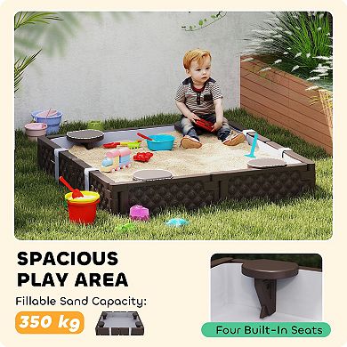 Qaba Square Kids Sandbox with Cover, 4 Seats, Bottom Liner