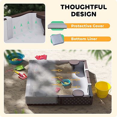 Qaba Square Kids Sandbox with Cover, 4 Seats, Bottom Liner