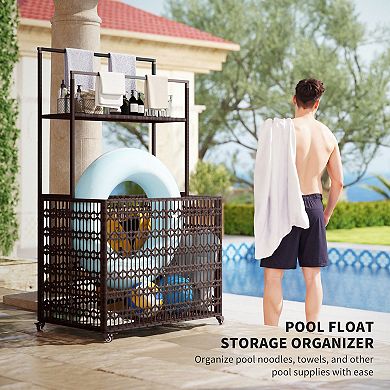 Outsunny Rattan Pool Float Storage Organizer, Pool Float Holder with Shelf
