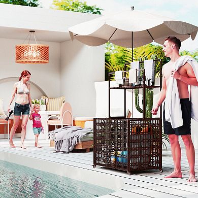 Outsunny Rattan Pool Float Storage Organizer, Pool Float Holder with Shelf