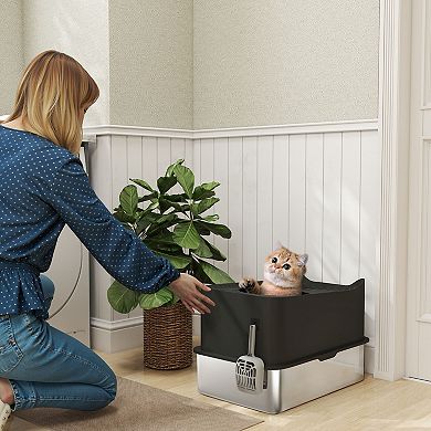 PawHut Stainless Steel Litter Box, Enclosed Litter Box with Scoop