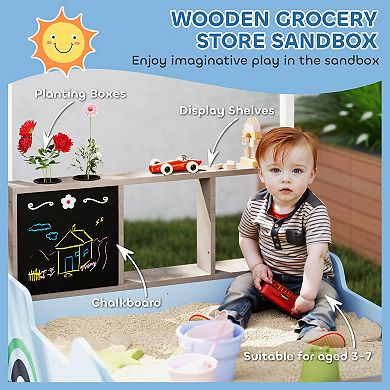 Qaba Kids Wooden Sandbox, Grocery Store Outdoor Box with Canopy