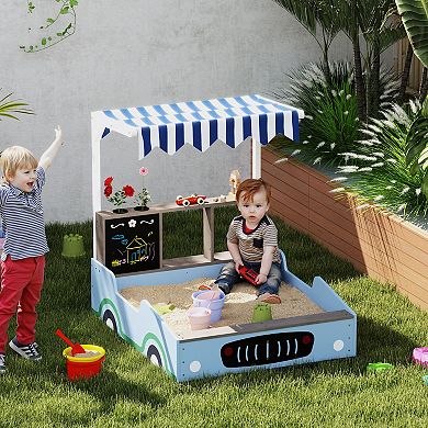 Qaba Kids Wooden Sandbox, Grocery Store Outdoor Box with Canopy