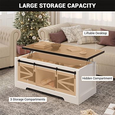 47.2" Rustic Lift Top Coffee Table with Storage with Sliding Barn Doors, Hidden Storage Compartment