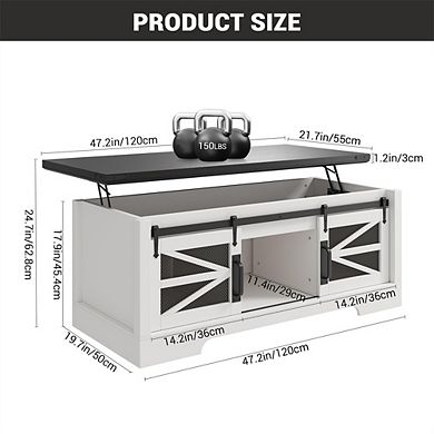 47.2" Rustic Lift Top Coffee Table with Storage with Sliding Barn Doors, Hidden Storage Compartment