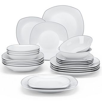 ELISA 24 pc Dinnerware Set, Tabletop for 6, Grayish-White with Trim