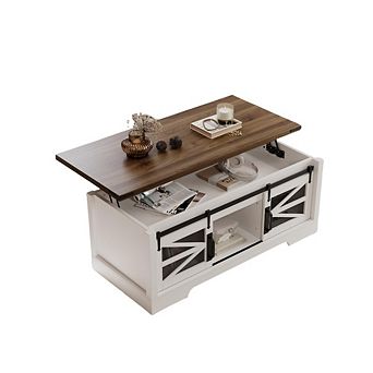 47.2" Rustic Lift Top Coffee Table with Storage with Sliding Barn Doors, Hidden Storage Compartment