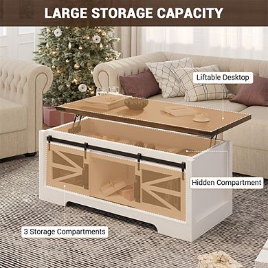 47.2" Rustic Lift Top Coffee Table with Storage with Sliding Barn Doors, Hidden Storage Compartment