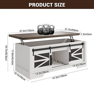47.2" Rustic Lift Top Coffee Table with Storage with Sliding Barn Doors, Hidden Storage Compartment
