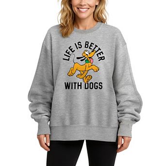 Women's Disney's Pluto Life Is Better With Dogs Oversized Fleece Crew Sweatshirt