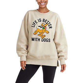Women's Disney's Pluto Life Is Better With Dogs Oversized Fleece Crew Sweatshirt