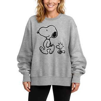 Women's Peanuts Snoopy & Woodstock Oversized Fleece Crew Sweatshirt