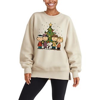 Women's Peanuts Christmas Group Oversized Fleece Crew Sweatshirt