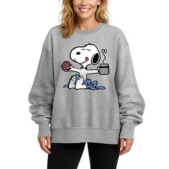 Women's Peanuts Snoopy Donut & Coffee Oversized Fleece Crew Sweatshirt