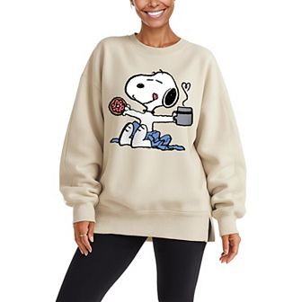 Women's Peanuts Snoopy Donut & Coffee Oversized Fleece Crew Sweatshirt