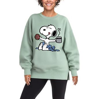 Women's Peanuts Snoopy Donut & Coffee Oversized Fleece Crew Sweatshirt