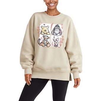 Women's Disney's Winnie The Pooh Floral Grid Oversized Fleece Crew Sweatshirt