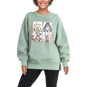 Women's Disney's Winnie The Pooh Floral Grid Oversized Fleece Crew Sweatshirt