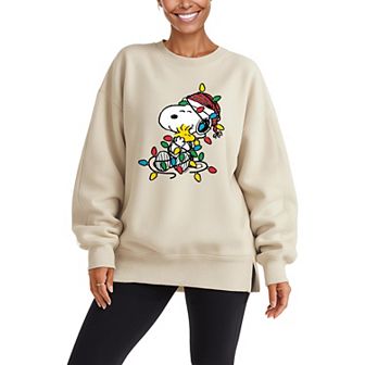Women's Peanuts Snoopy & Woodstock Oversized Fleece Crew Sweatshirt