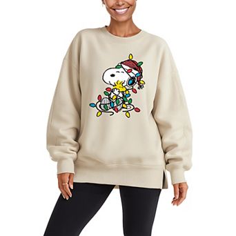 Women's Peanuts Snoopy & Woodstock Oversized Fleece Crew Sweatshirt