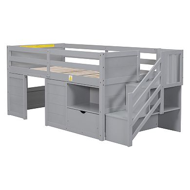 Whisen Solid Wood Low Loft Bed With Stair, Drawer And Shelf, Modern & Clean Design