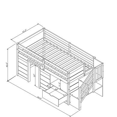Whisen Solid Wood Low Loft Bed With Stair, Drawer And Shelf, Modern & Clean Design