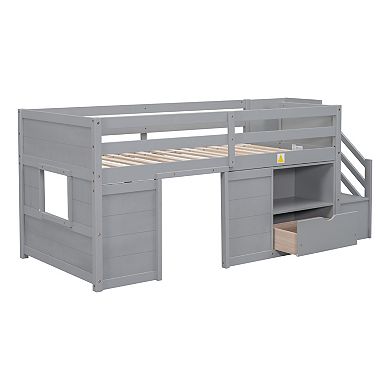 Whisen Solid Wood Low Loft Bed With Stair, Drawer And Shelf, Modern & Clean Design