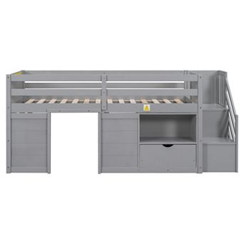 Whisen Solid Wood Low Loft Bed With Stair, Drawer And Shelf, Modern & Clean Design