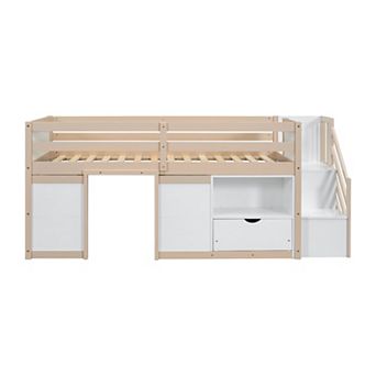 Whisen Solid Wood Low Loft Bed With Stair, Drawer And Shelf, Modern & Clean Design