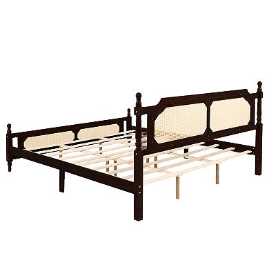 Whisen King Pine Wooden Bed with Rattan Headboard and Footboard, with Central Enhanced Bed Platform