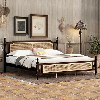 Whisen King Pine Wooden Bed with Rattan Headboard and Footboard, with Central Enhanced Bed Platform