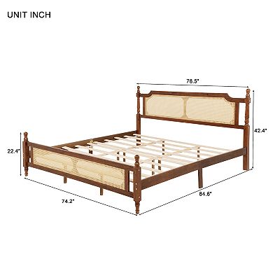 Whisen King Pine Wooden Bed with Rattan Headboard and Footboard, with Central Enhanced Bed Platform