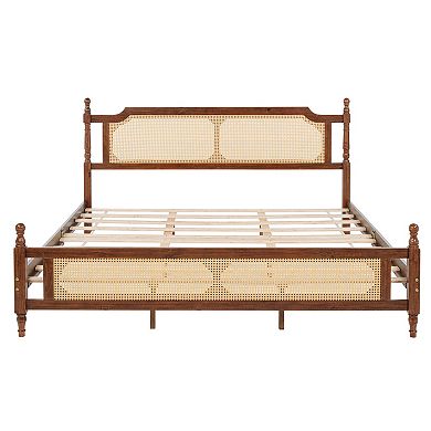 Whisen King Pine Wooden Bed with Rattan Headboard and Footboard, with Central Enhanced Bed Platform