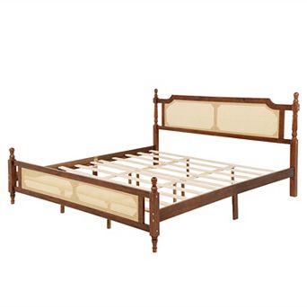 Whisen King Pine Wooden Bed with Rattan Headboard and Footboard, with Central Enhanced Bed Platform