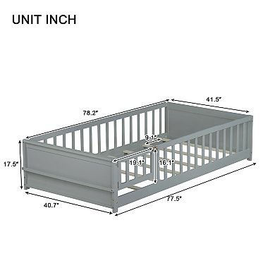 Whisen Twin Size Floor Bed with Door and Built-in Book Rack on Headboard