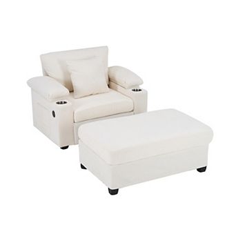 Whisen Modern Oversized Chair, Chenille Sofa with Ottoman, Cupholders and USB Charging Ports