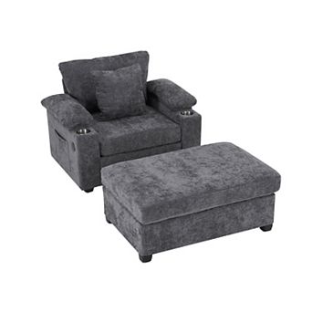Whisen Modern Oversized Chair, Chenille Sofa with Ottoman, Cupholders and USB Charging Ports