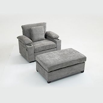 Whisen Modern Oversized Chair, Chenille Sofa with Ottoman, Cupholders and USB Charging Ports