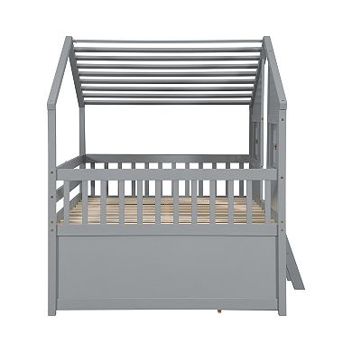 Whisen Full Size House Loft Bed with Roof, Windows, 4 Drawers and Guardrails for Children