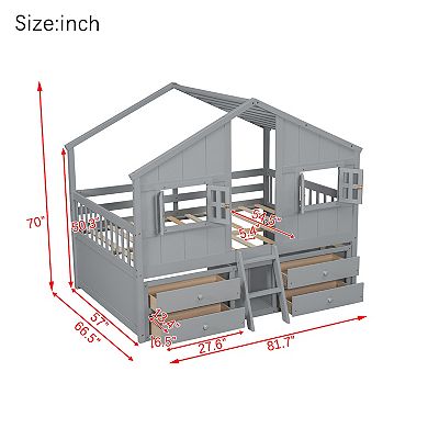 Whisen Full Size House Loft Bed with Roof, Windows, 4 Drawers and Guardrails for Children