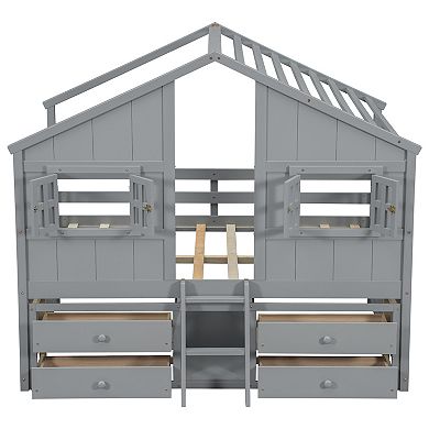 Whisen Full Size House Loft Bed with Roof, Windows, 4 Drawers and Guardrails for Children