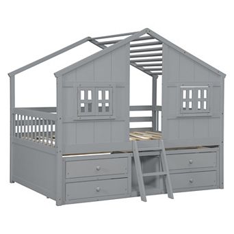 Whisen Full Size House Loft Bed with Roof, Windows, 4 Drawers and Guardrails for Children