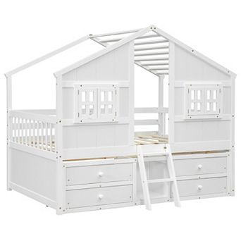 Whisen Full Size House Loft Bed with Roof, Windows, 4 Drawers and Guardrails for Children